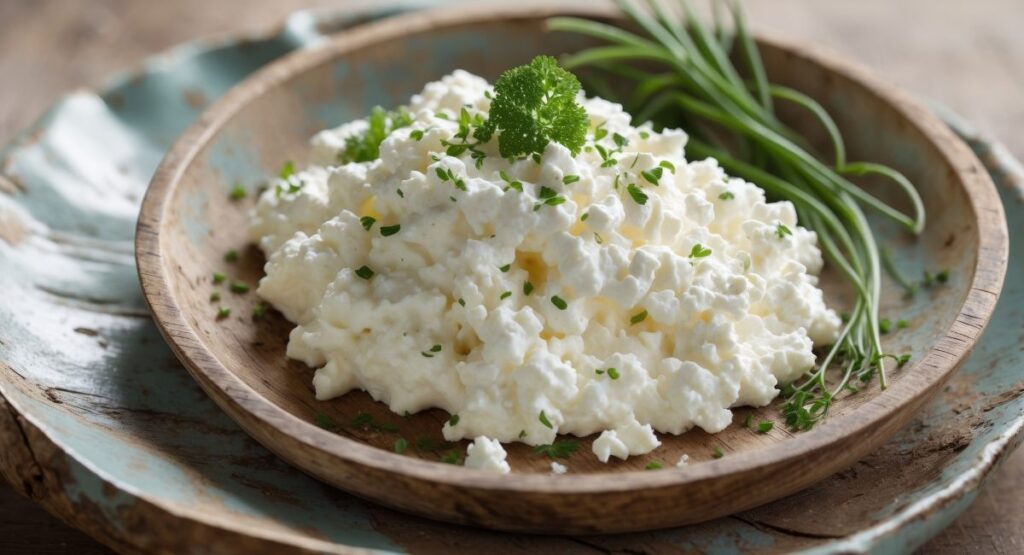 Cottage cheese in a wooden bowl topped with herbs on a rustic wooden platter