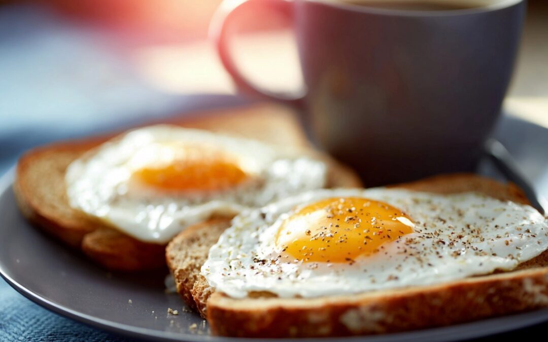 Delicious breakfast of toast, fried eggs, and coffee