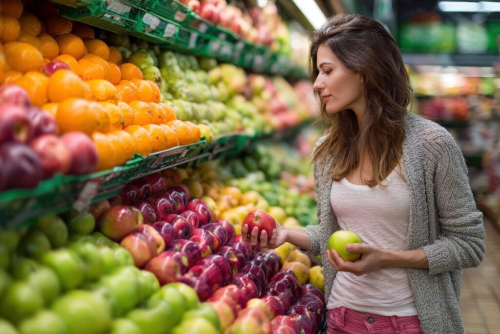 Woman selecting fresh apples and green fruits in a vibrant grocery store