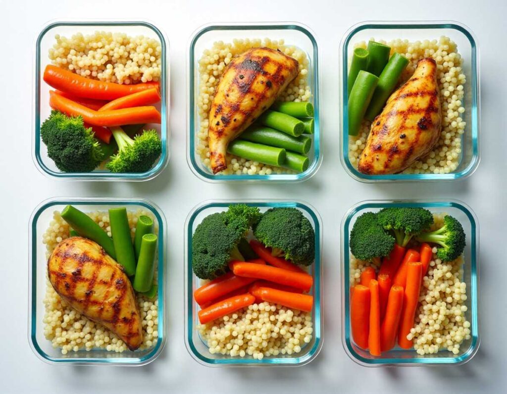 Six containers with chicken, broccoli, carrots